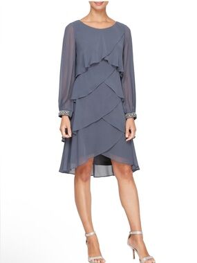 S.L. Fashions Slate Blue Layered Ruffle High-Low Dress Size 8